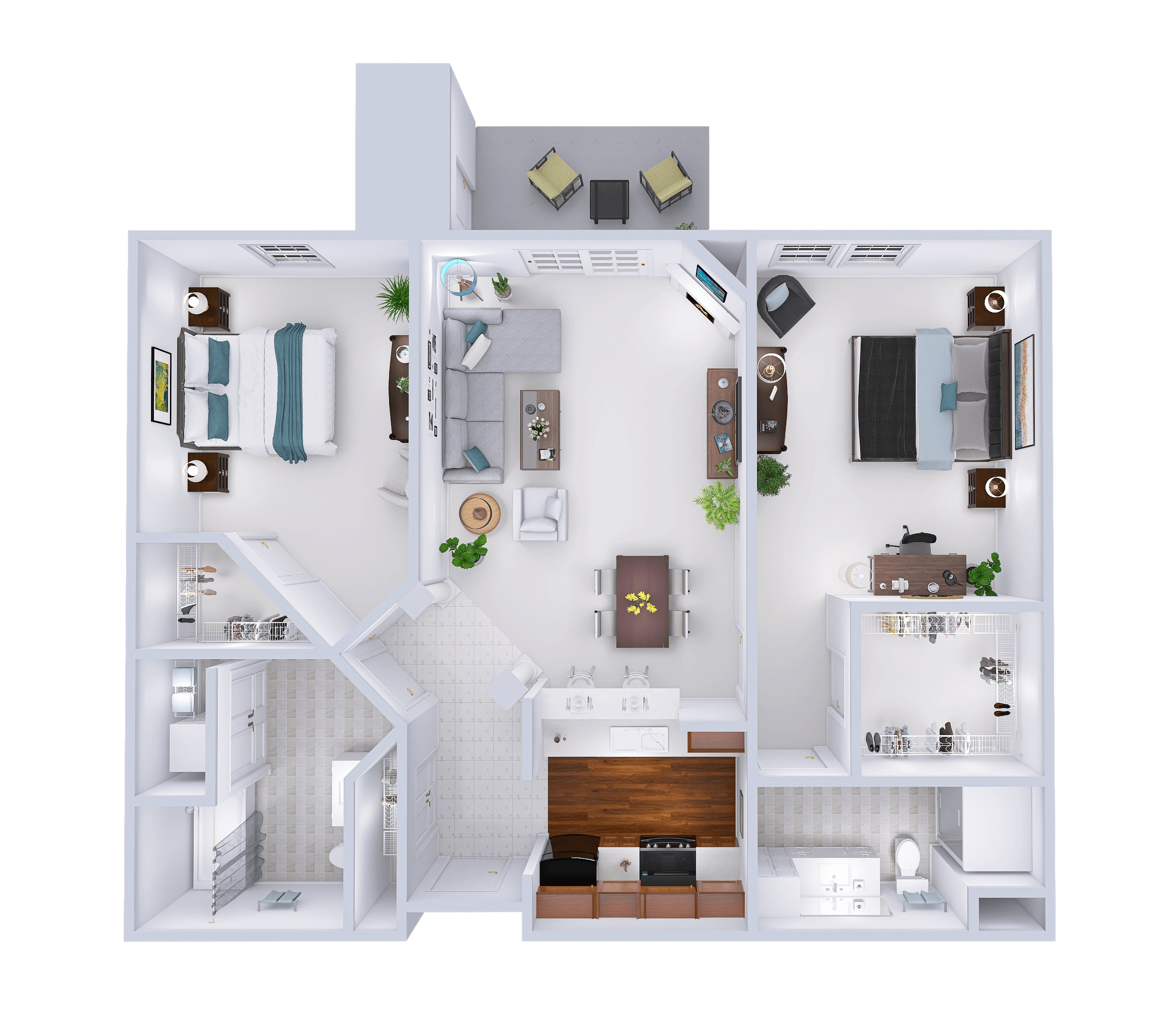 Floor plan for 2 beds, 2 baths, 1166 sqft